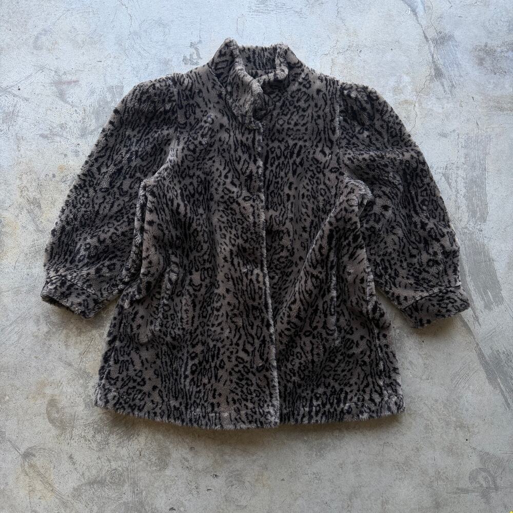Vintage 80s Leopard Faux Fur Coat USA Glam Mob Wife Jacket Large